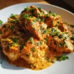 A close-up of rich, orange-hued Skillet Creamy Cajun Chicken pieces generously coated in sauce and topped with fresh parsley.