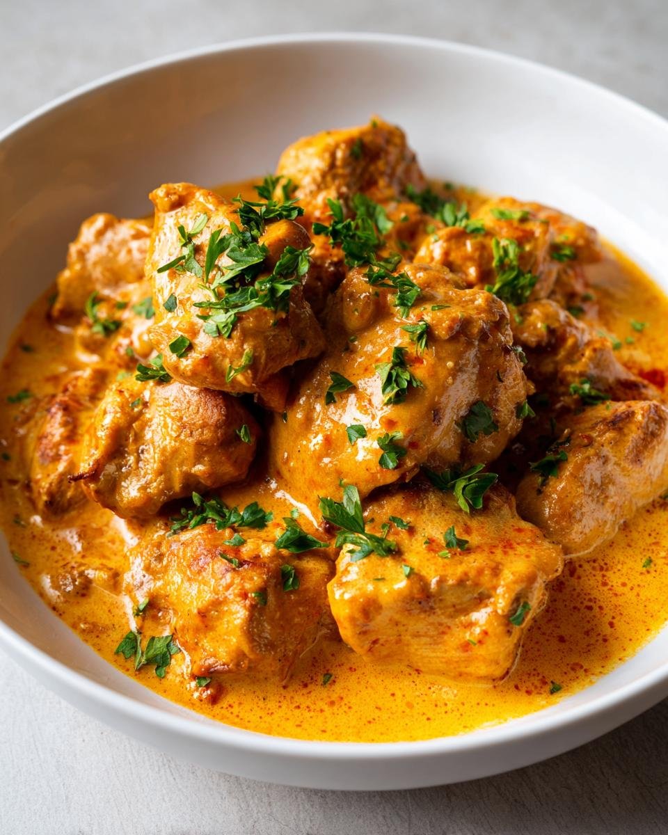Close-up of tender chicken pieces coated in rich, orange Skillet Creamy Cajun Chicken sauce, garnished with fresh parsley.