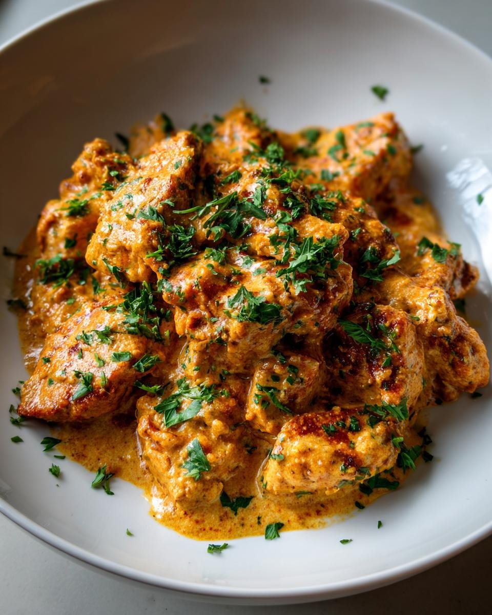 Close-up of pieces of Skillet Creamy Cajun Chicken coated in a rich, orange-hued cream sauce and topped with fresh parsley.