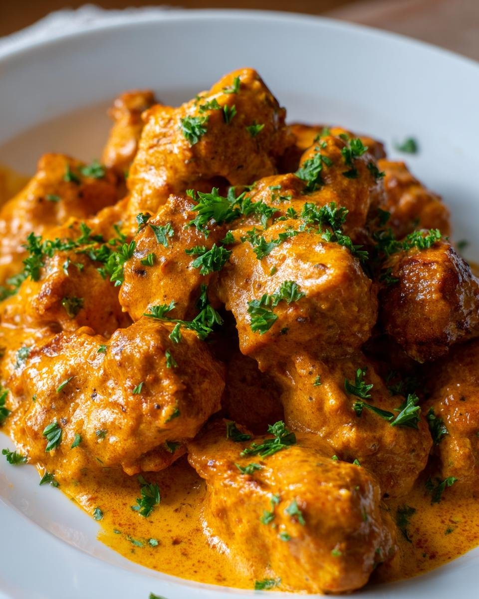 Close-up of tender chicken pieces coated in a rich, orange Skillet Creamy Cajun Chicken sauce and garnished with fresh parsley.