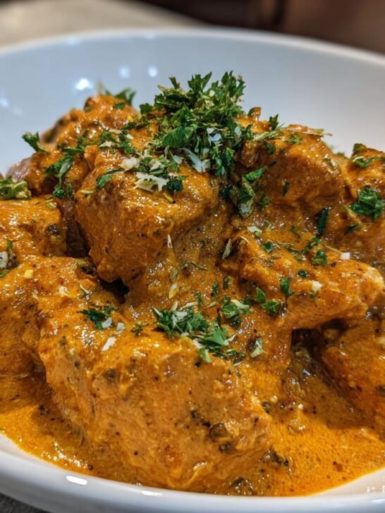 Close-up of chunks of Skillet Creamy Cajun Chicken coated in a rich, orange sauce and garnished with fresh parsley.