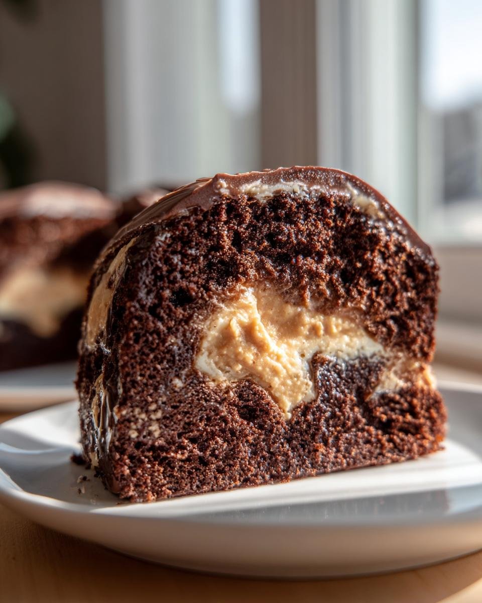 Close-up of a slice of Gooey Chocolate Peanut Cake showing rich chocolate cake and creamy peanut butter filling.