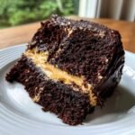 Close-up of a rich slice of Gooey Chocolate Peanut Cake showing dark chocolate layers and creamy peanut butter filling.