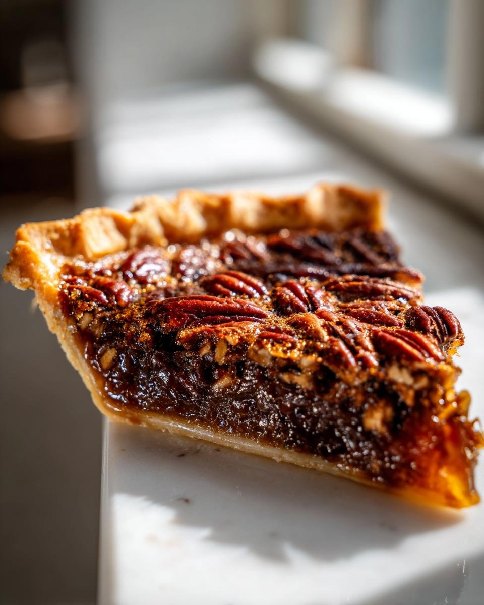 Close-up of a rich, gooey slice of Pecan Pie showing the caramelized filling and whole pecans on top.
