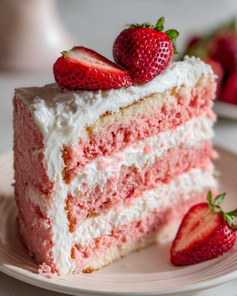 Close-up of a decadent slice of Strawberries And Cream Cake Layers showing pink sponge, white frosting, topped with fresh strawberries.