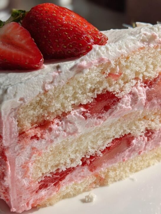Close-up of a moist slice featuring two Strawberries And Cream Cake Layers filled with pink cream and topped with fresh strawberries.