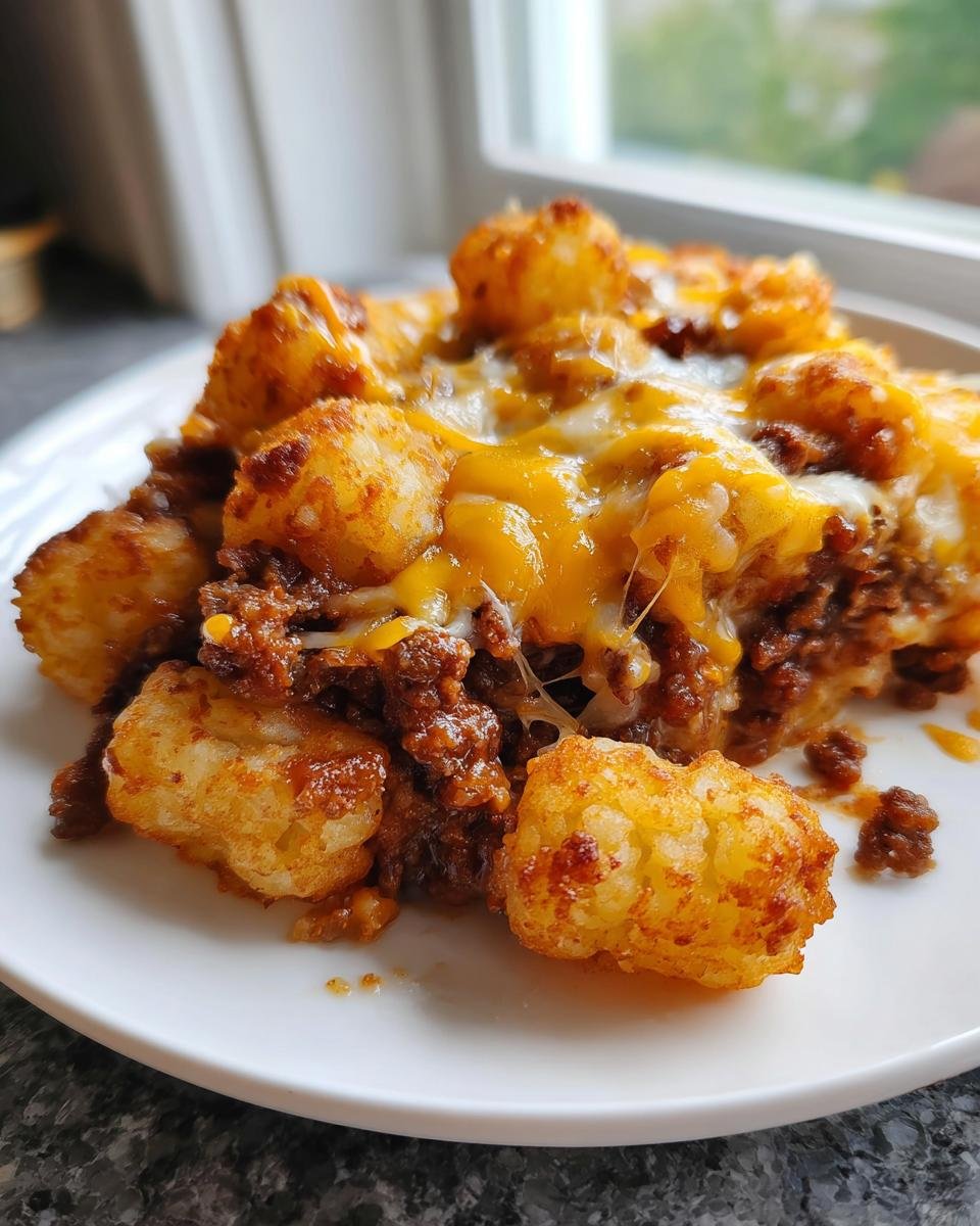 A close-up serving of Sloppy Joe Tater Tot Casserole topped with melted cheddar cheese and crispy tater tots.