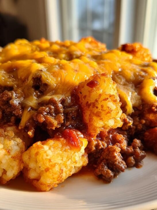 A close-up serving of Sloppy Joe Tater Tot Casserole topped with melted cheddar cheese.