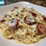 Close-up of Smoked Sausage Alfredo Pasta tossed in creamy sauce, topped with grated Parmesan and parsley.