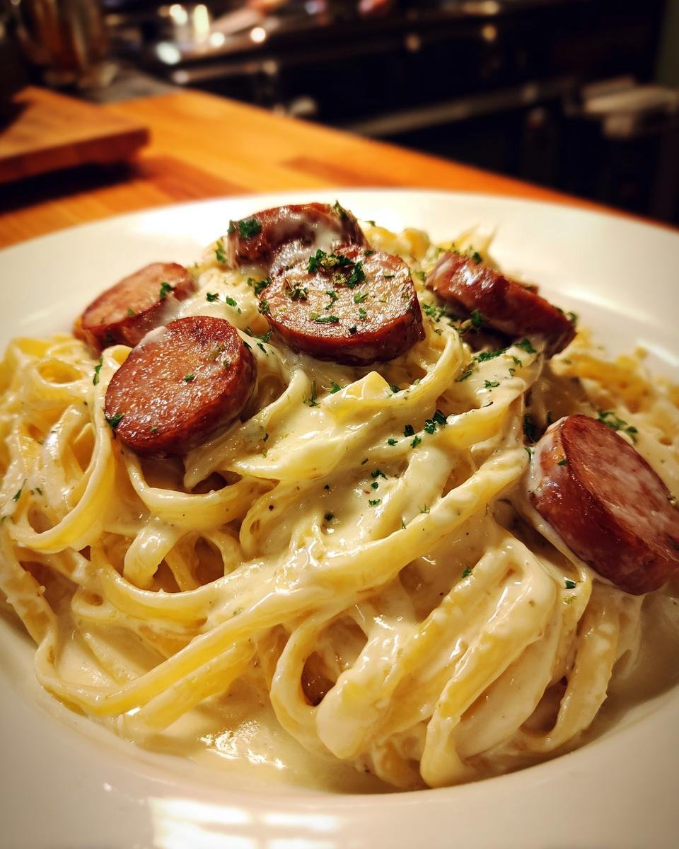Close-up of fettuccine coated in creamy sauce, topped with sliced smoked sausage and parsley for Smoked Sausage Alfredo Pasta.