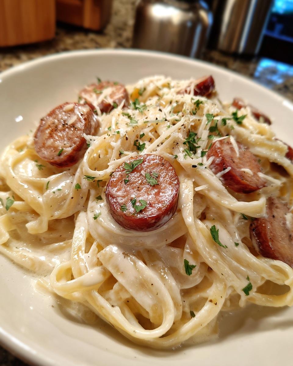 Close-up of creamy Smoked Sausage Alfredo Pasta topped with grated cheese and parsley.
