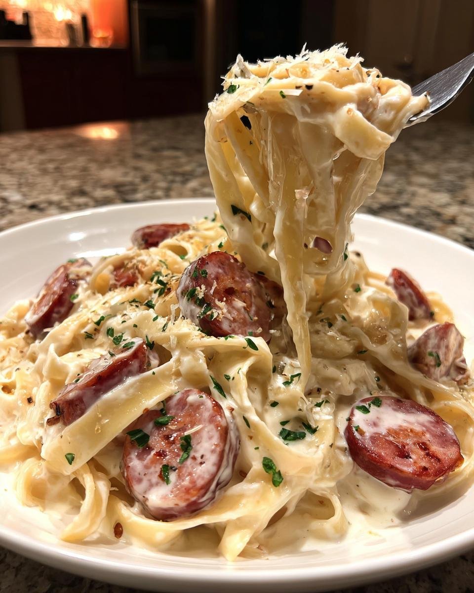 A fork lifts a twirl of fettuccine coated in creamy sauce from a bowl of Smoked Sausage Alfredo Pasta garnished with parsley.