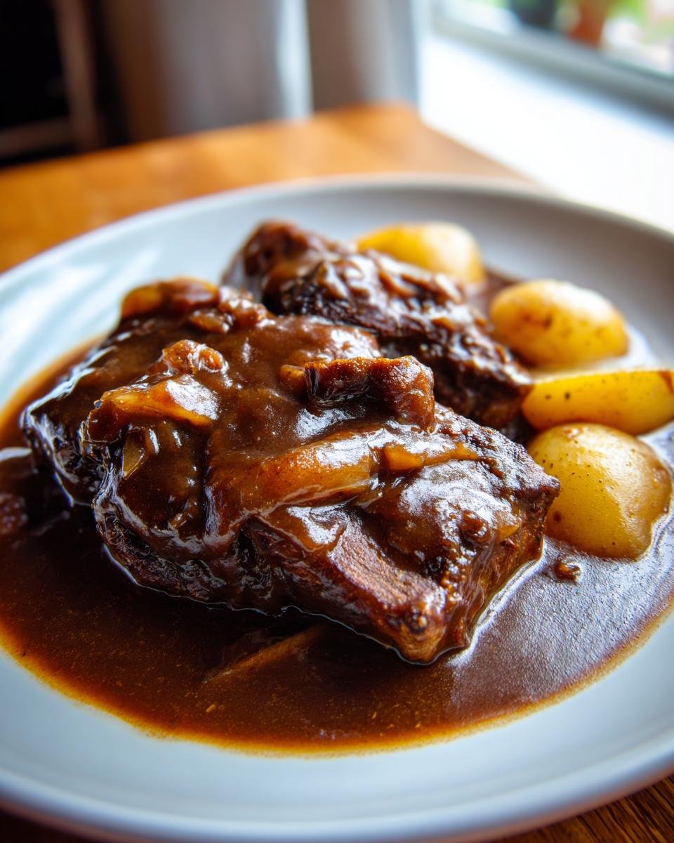 Close-up of tender Smothered Pork Chops Potatoes Gravy on a white plate, covered in rich brown gravy.