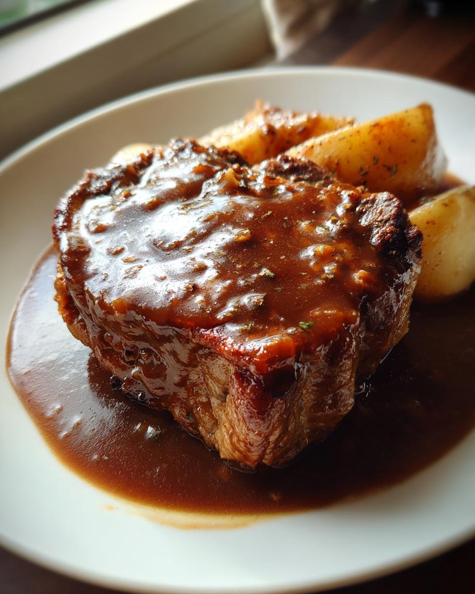 Close-up of a thick, smothered pork chop covered in rich brown gravy, served with roasted potatoes.
