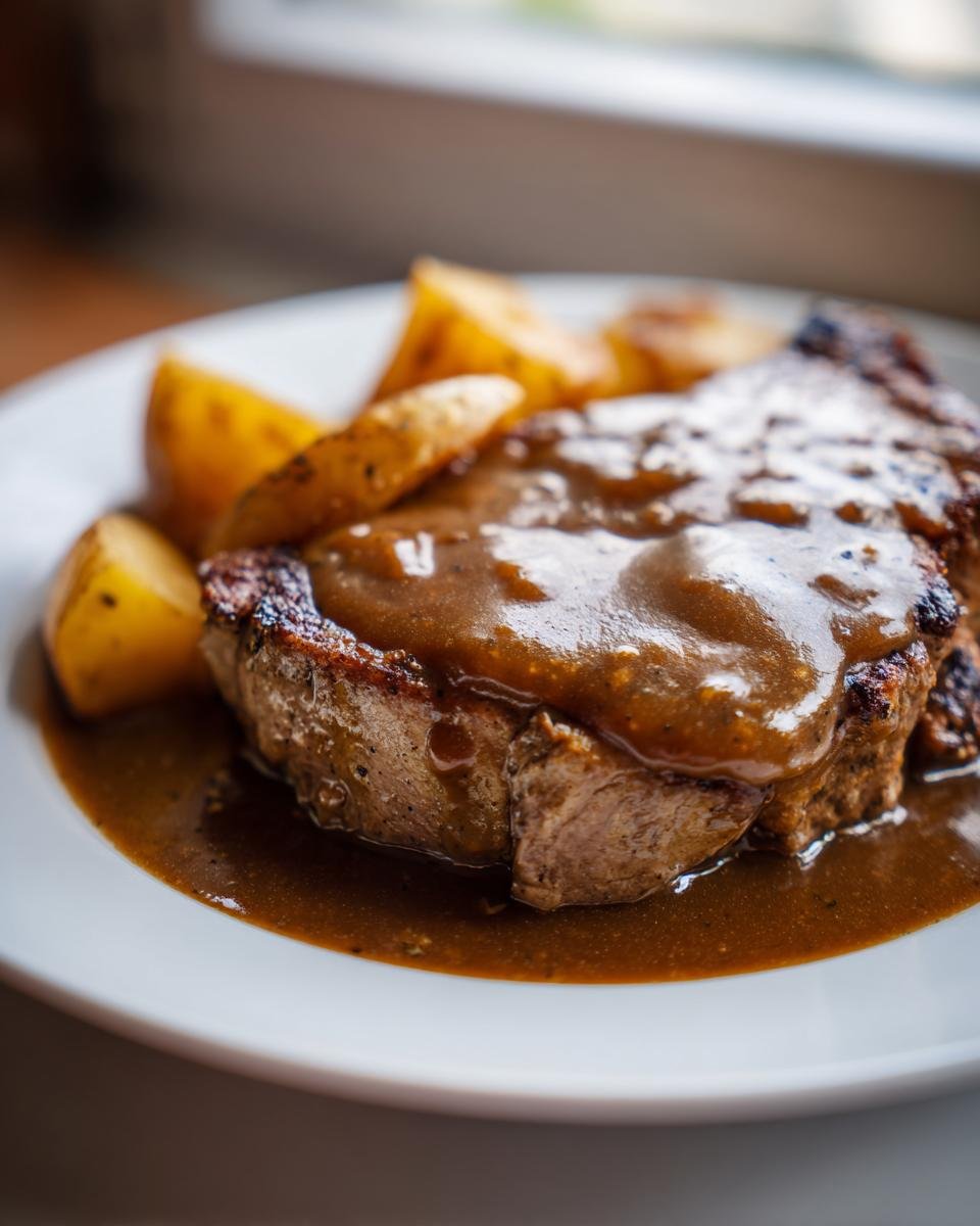 Close-up of a perfectly cooked smothered pork chops potatoes gravy dish on a white plate.