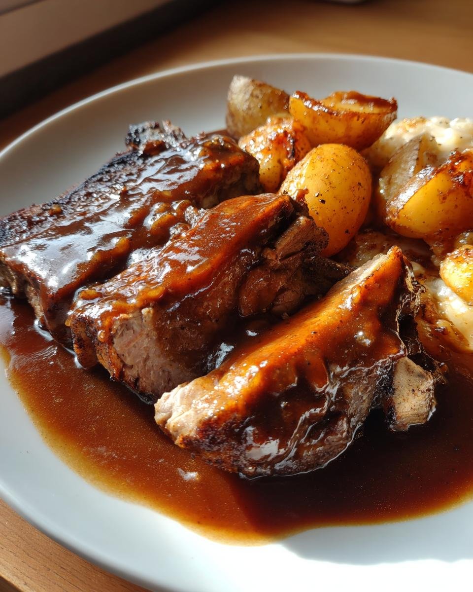 Close-up of smothered pork chops potatoes gravy served on a white plate, glistening under sunlight.