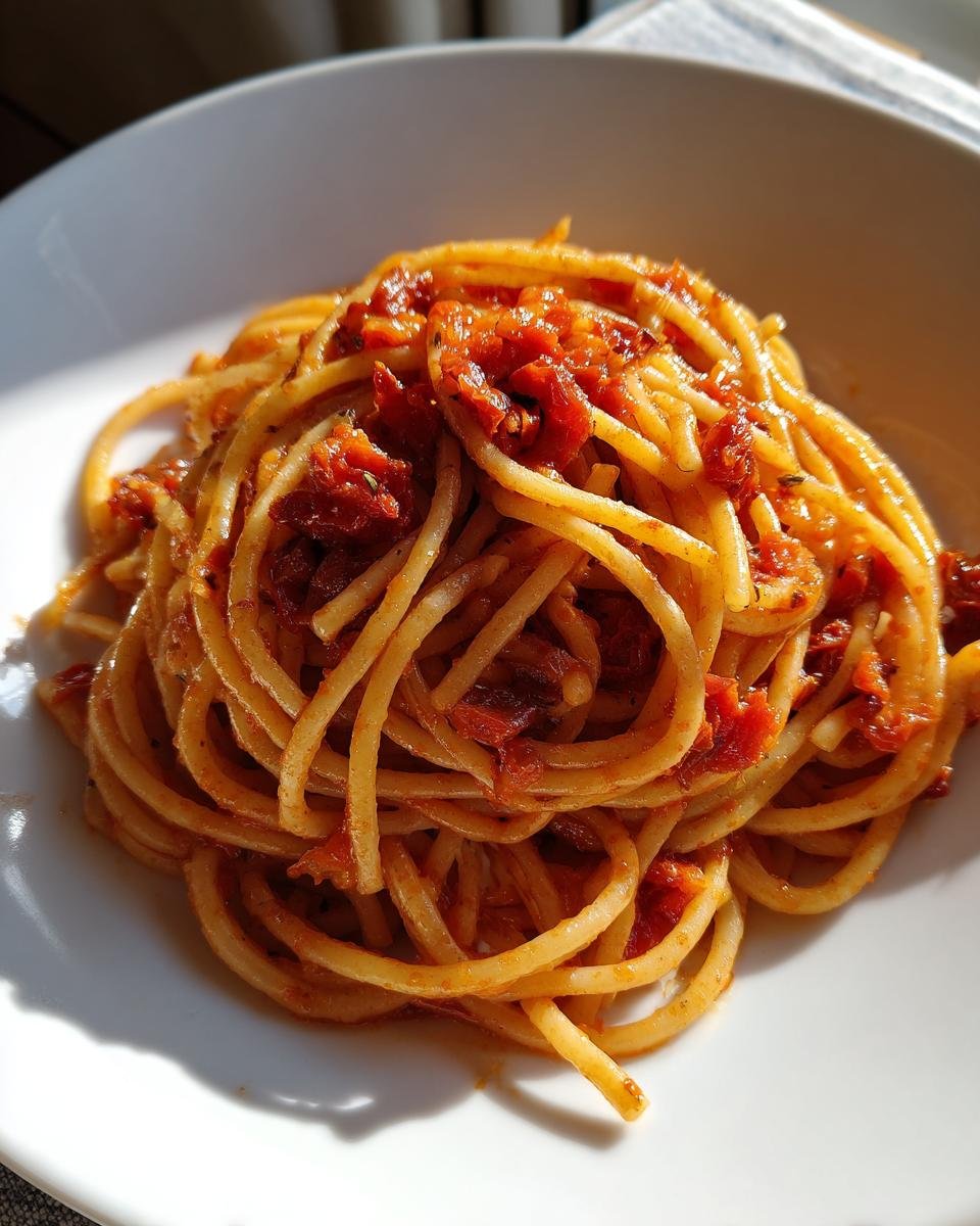 Close-up of a serving of spaghetti coated in a rich sauce for Roasted Tomato Garlic Pasta.