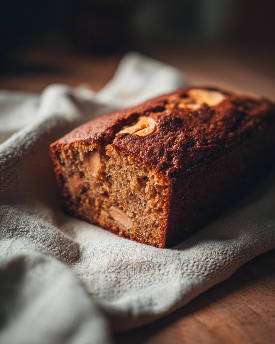 Close-up of a freshly baked loaf of Spiced Apple Cake resting on a textured, light-colored cloth.