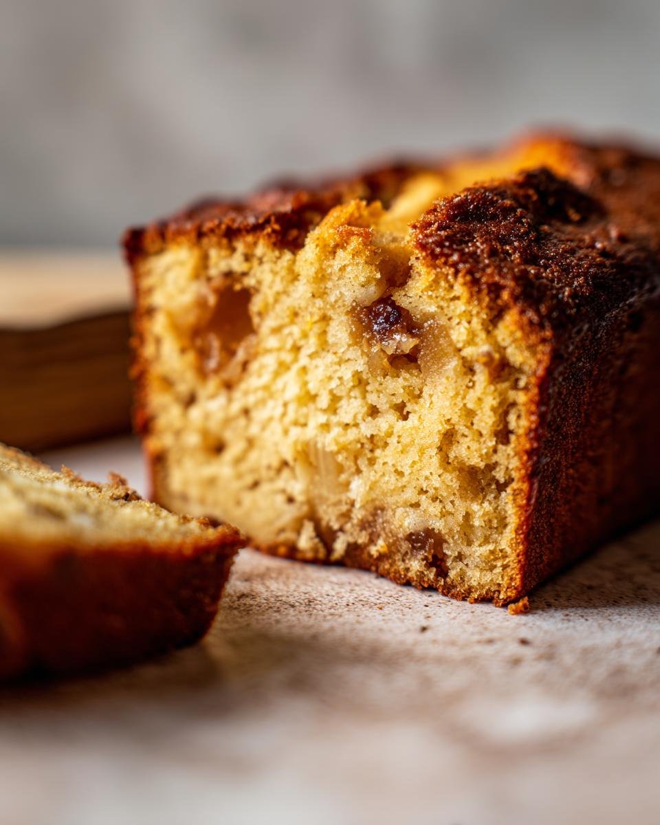 Close-up of a moist slice of Amazing Spiced Apple Cake showing chunks of apple and a golden crumb.