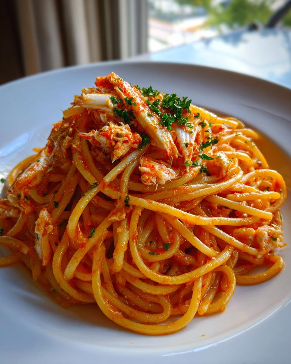 A close-up of a white plate piled high with Spicy Crab Pasta, tossed in a rich sauce and topped with flaked crab meat and fresh parsley.