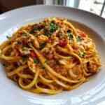 A close-up of a generous serving of Spicy Crab Pasta featuring linguine coated in a rich, orange-red sauce and topped with shredded crab meat and fresh parsley.