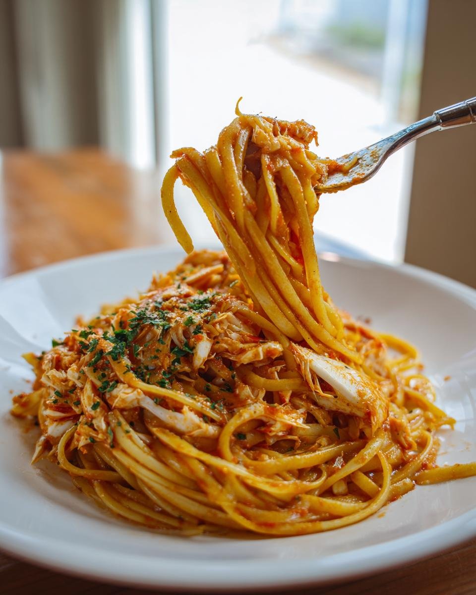 A fork lifts a twirl of linguine coated in red sauce and topped with shredded crab meat from a plate of Spicy Crab Pasta.