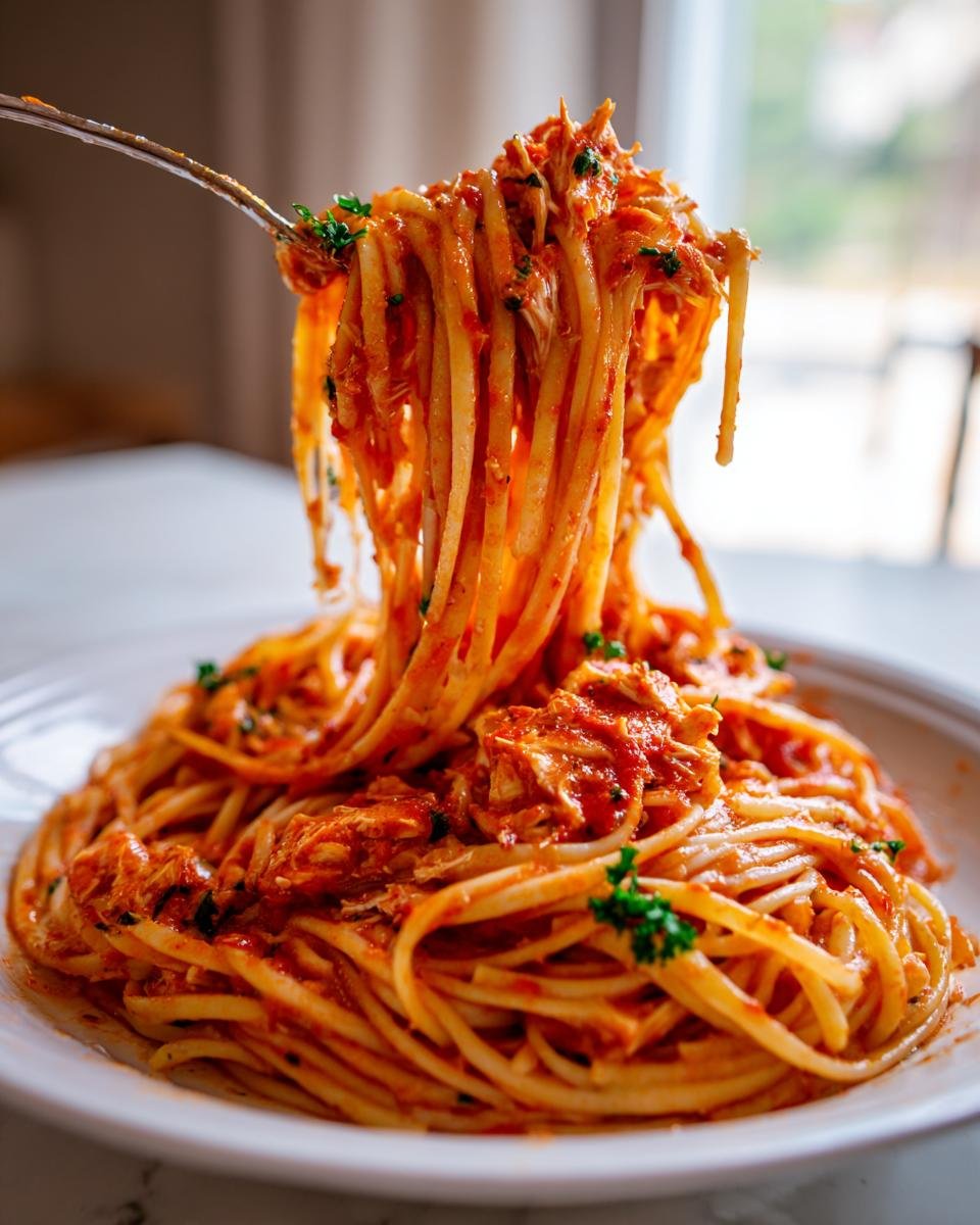 A fork lifts a generous twirl of linguine coated in red sauce and crab meat from a plate of Spicy Crab Pasta.