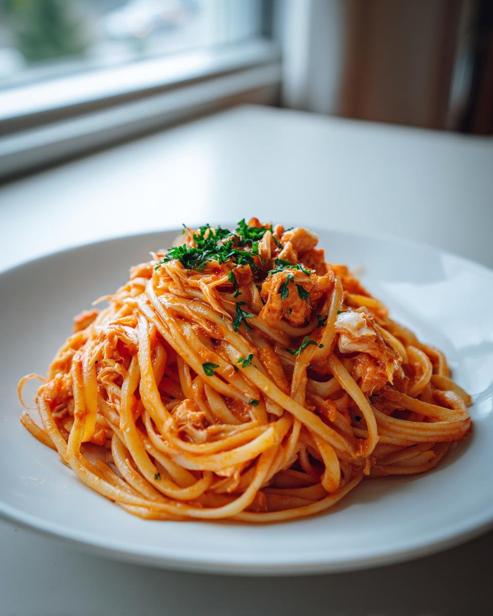 Close-up of a serving of Spicy Crab Pasta tossed in a creamy red sauce, garnished with fresh chopped parsley.