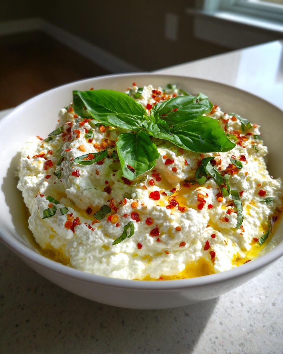 A white bowl filled with creamy Spicy Ricotta Dip, drizzled with olive oil and topped with fresh basil and red chili flakes.