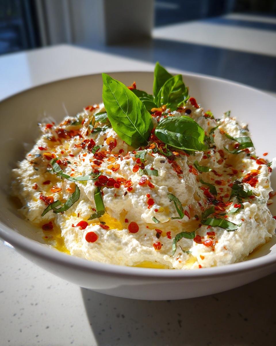 A close-up of a bowl of creamy Spicy Ricotta Dip, drizzled with olive oil and topped with fresh basil and red chili flakes.
