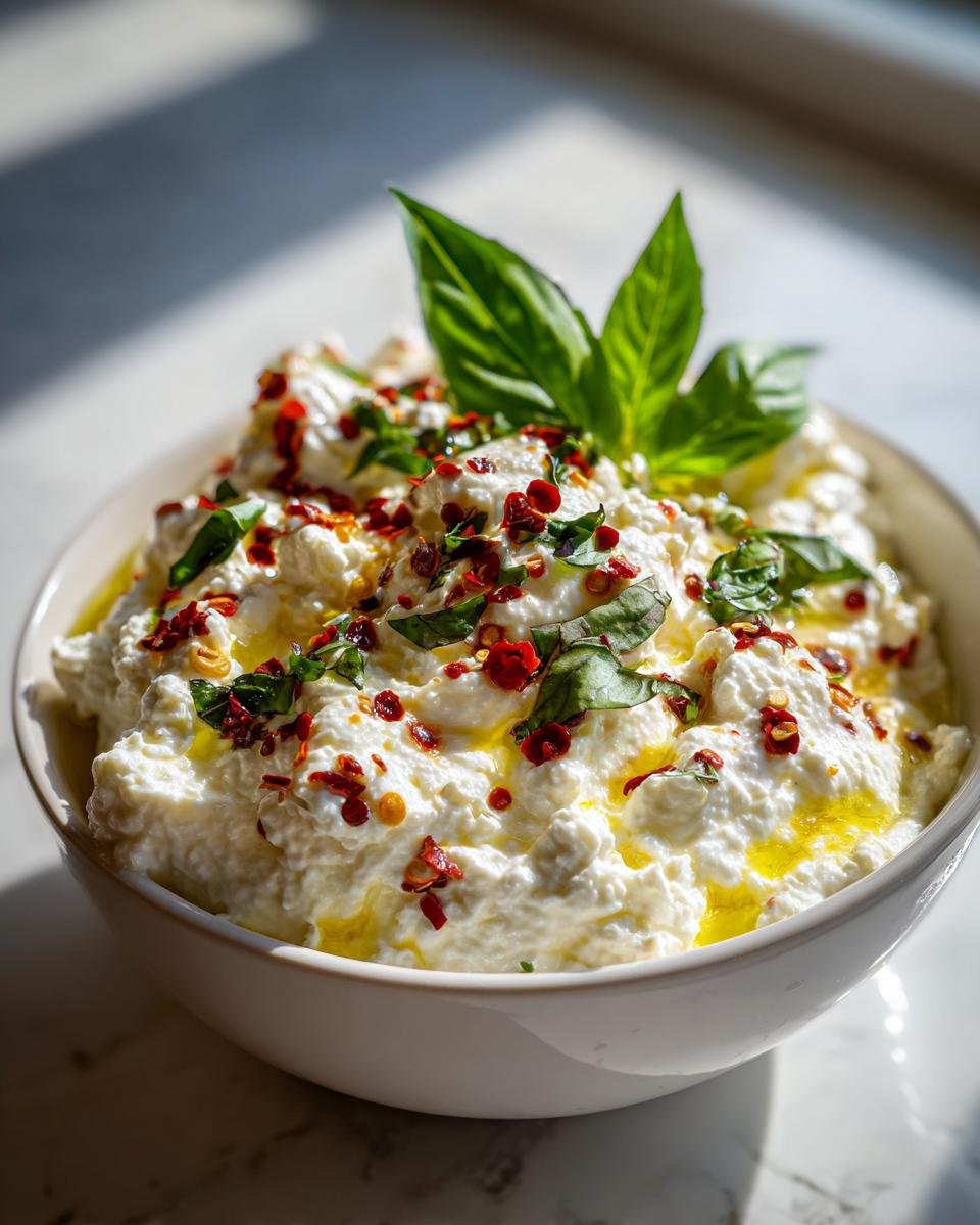 A bowl of creamy Spicy Ricotta Dip drizzled with olive oil and topped with fresh basil and red chili flakes.