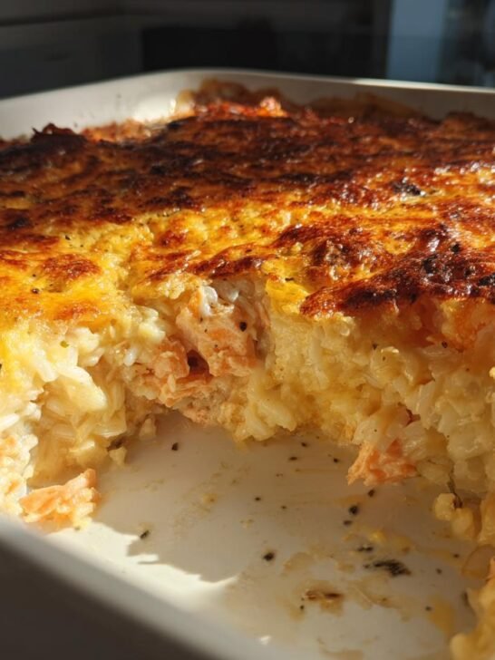 Close-up of a golden-brown Spicy Salmon Sushi Bake Comfort casserole with a portion removed.