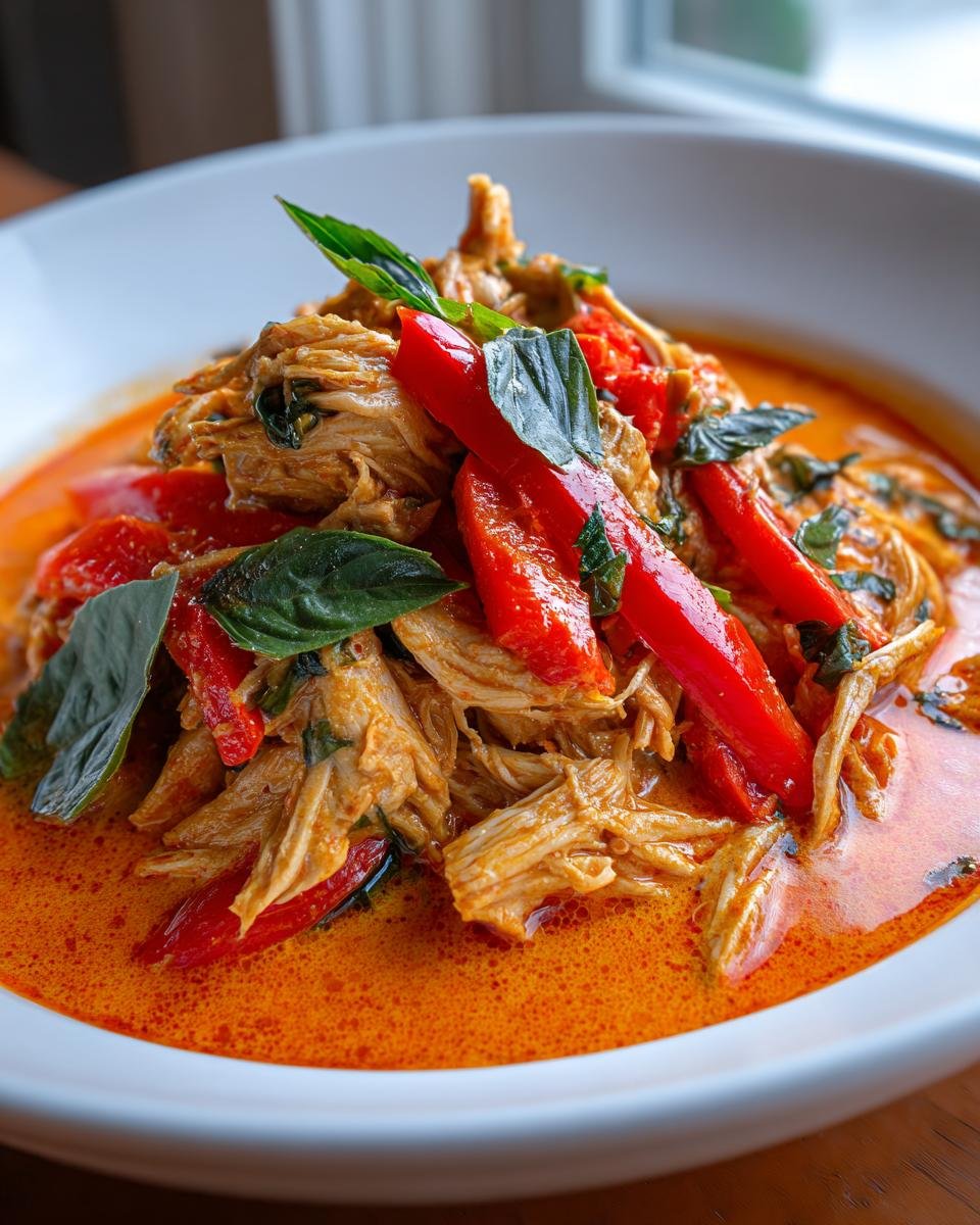 Close-up of shredded chicken in vibrant orange Spicy Thai Red Curry Pot Roast Chicken, topped with red peppers and basil.