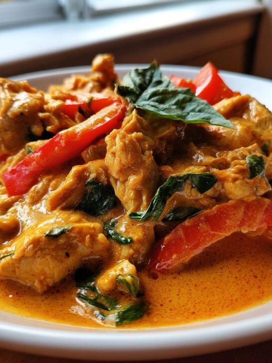 Close-up of Spicy Thai Red Curry Pot Roast Chicken chunks in a rich, orange-red coconut sauce with red peppers and basil.