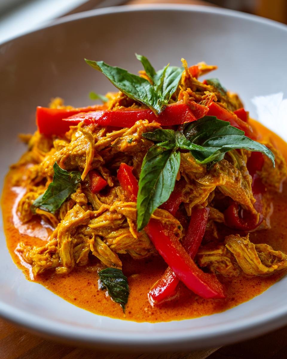 Close-up of shredded chicken coated in vibrant orange Spicy Thai Red Curry Pot Roast Chicken, garnished with red bell pepper strips and fresh basil.