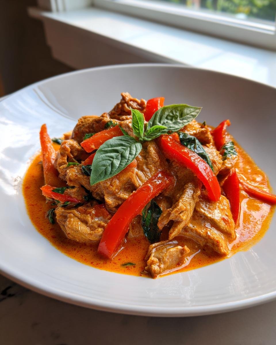 Close-up of Spicy Thai Red Curry Pot Roast Chicken with red peppers and basil garnish.