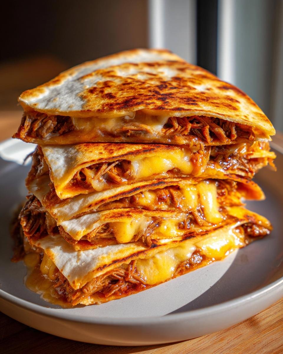 Stack of four cheesy quesadilla wedges filled with shredded meat, inspired by Fave Birria Tacos.
