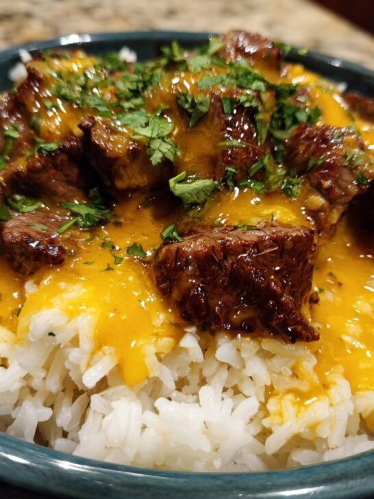 Close-up of Steak Queso Rice featuring white rice topped with steak chunks, melted orange queso sauce, and fresh cilantro.