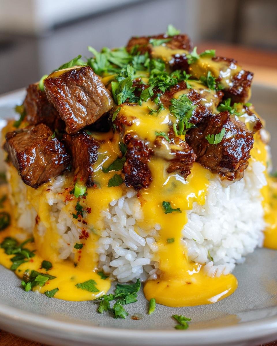 A mound of white rice topped with seared steak cubes, drizzled generously with bright yellow queso sauce, and garnished with cilantro.