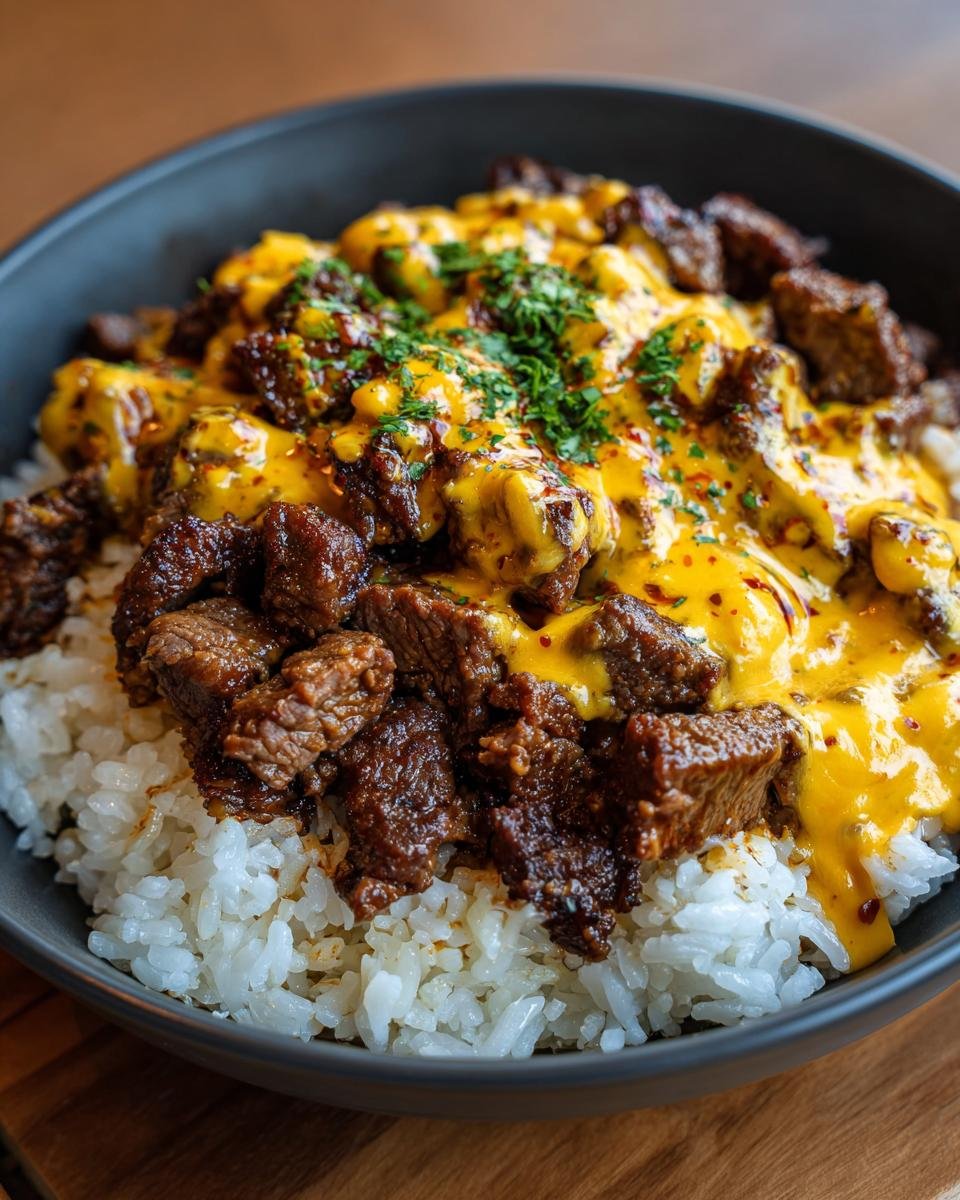 A close-up of Steak Queso Rice featuring seasoned steak chunks and bright yellow queso sauce over white rice, garnished with parsley.