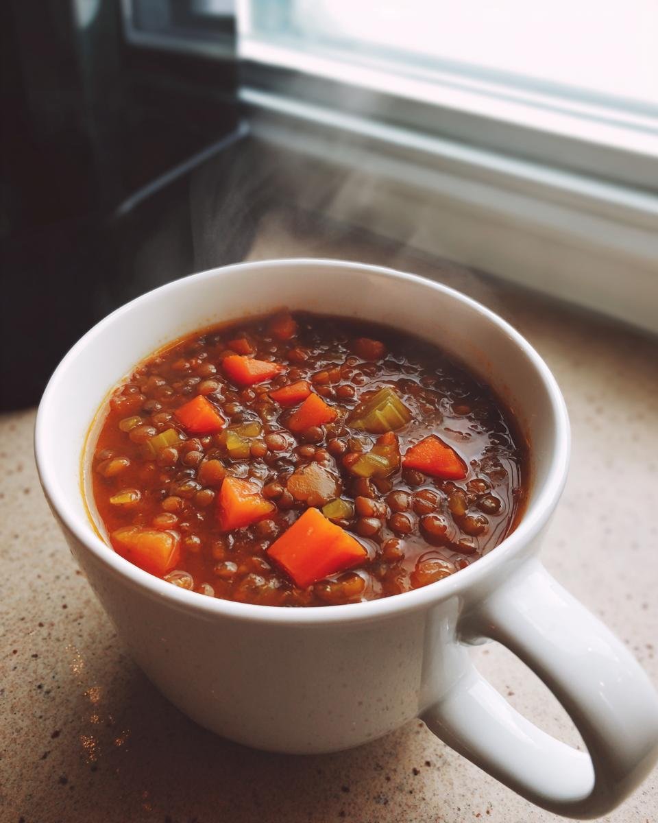 A close-up of steaming hot Lentil Vegetable Soup filled with brown lentils, bright orange carrots, and celery in a white mug.
