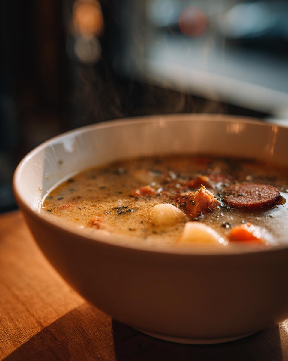 Close-up of a steaming bowl of hearty Sausage Potato Soup with visible chunks of sausage and potatoes.