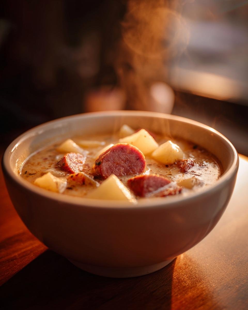 Close-up of a steaming bowl filled with creamy Sausage Potato Soup, featuring chunks of sausage and potatoes.