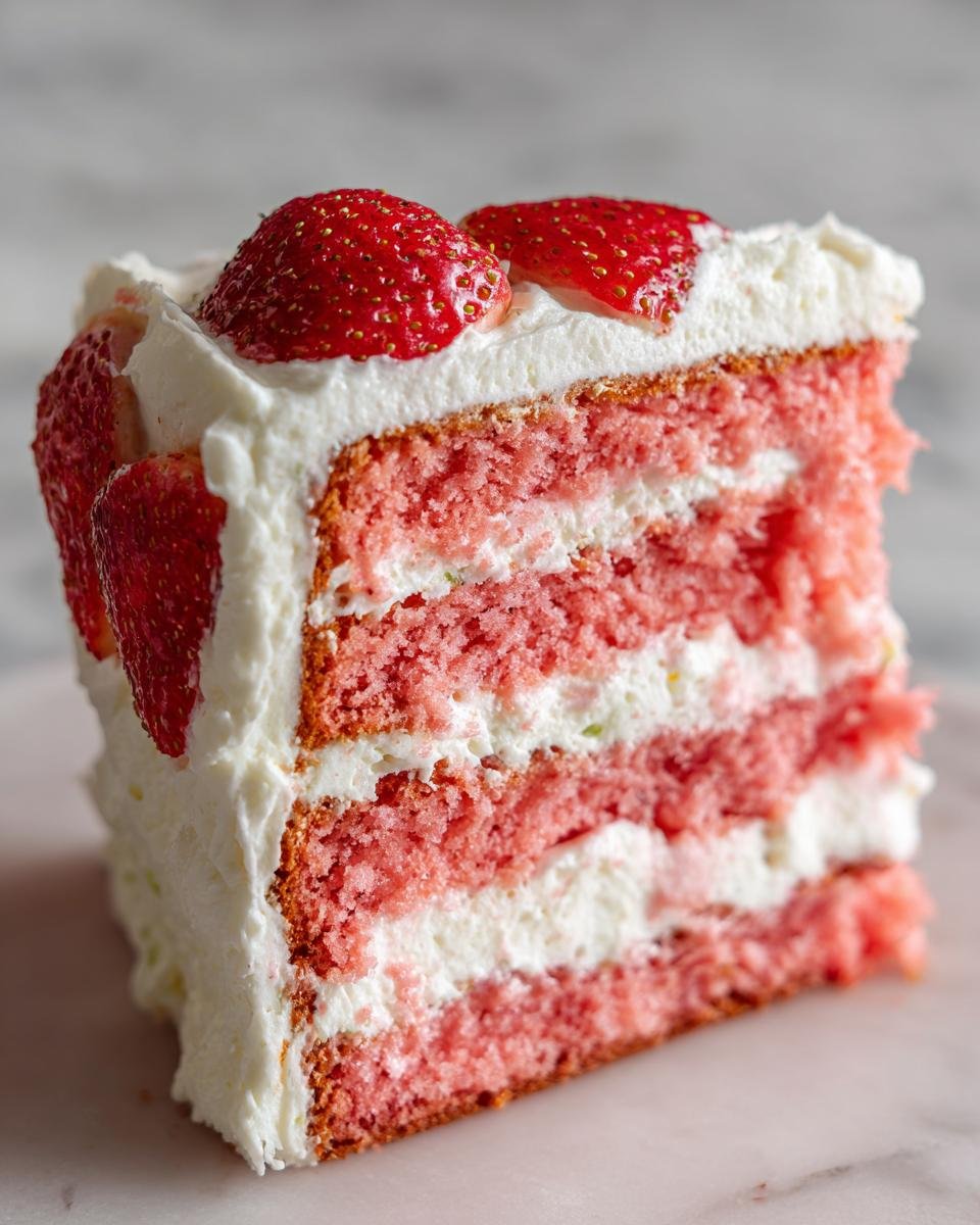 Close-up of a decadent slice showing multiple pink Strawberries And Cream Cake Layers alternating with white cream frosting and topped with fresh strawberries.