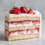 A perfect slice showing the multiple layers of a Strawberries And Cream Cake Layers with sponge, cream, and strawberry filling.
