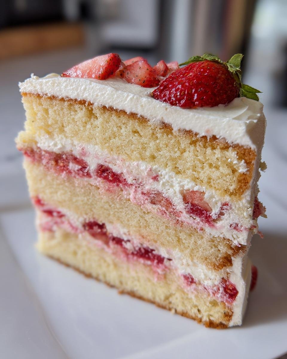 Close-up of a slice of Strawberries And Cream Cake Layers showing three cake layers, cream, and strawberry filling.