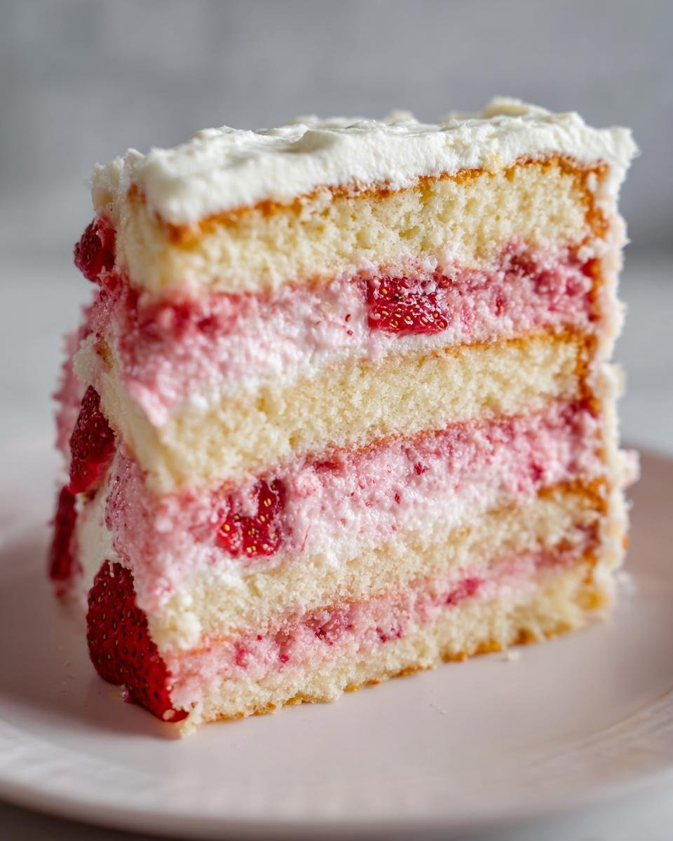 Close-up of a delicious slice of Strawberries And Cream Cake Layers showing three cake layers and two layers of pink cream filling with strawberries.