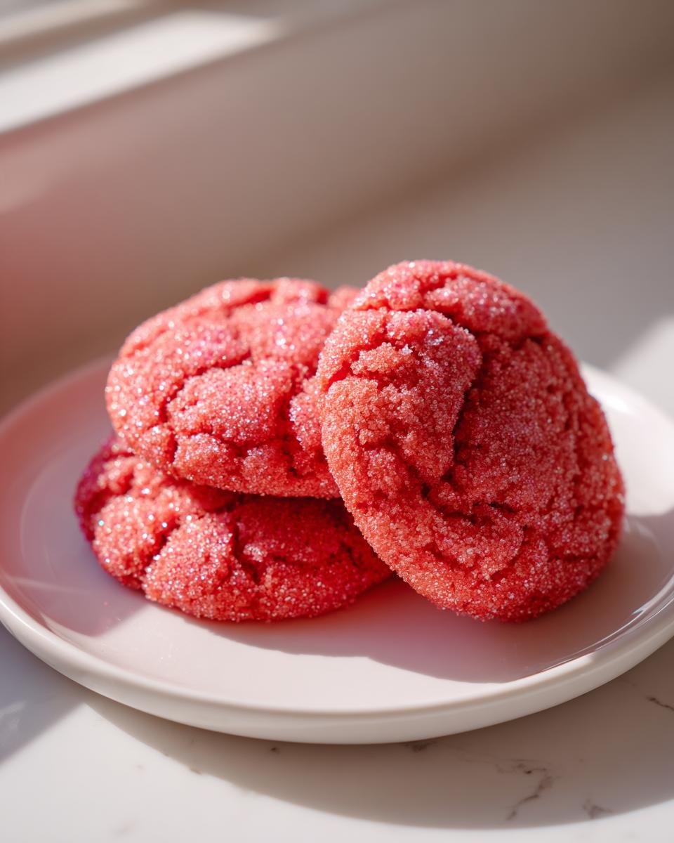 Three bright pink Strawberry Crunch Cookies heavily coated in sparkling sugar, stacked on a small white plate.
