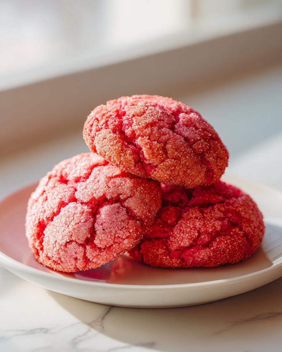 Three bright pink, sugar-coated Strawberry Crunch Cookies stacked on a white plate near a window.
