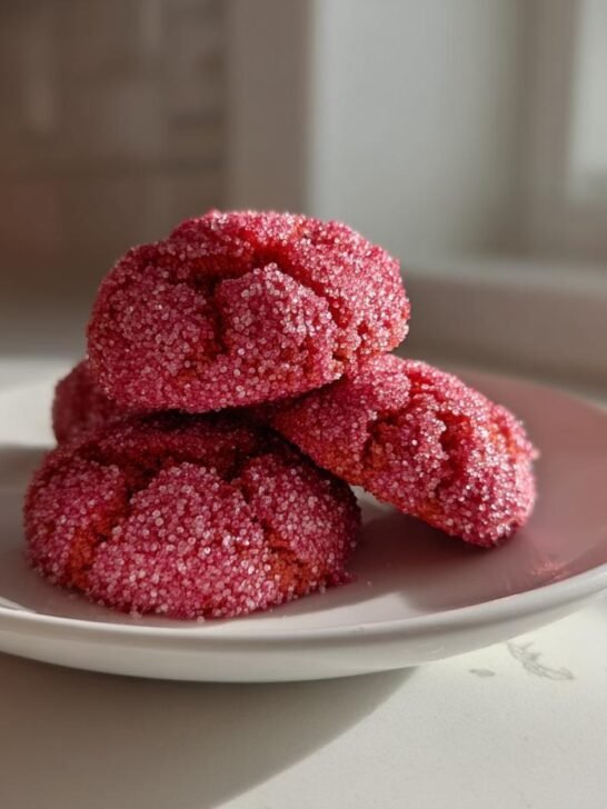A small stack of bright pink Strawberry Crunch Cookies, heavily coated in sparkling sugar, resting on a white plate.